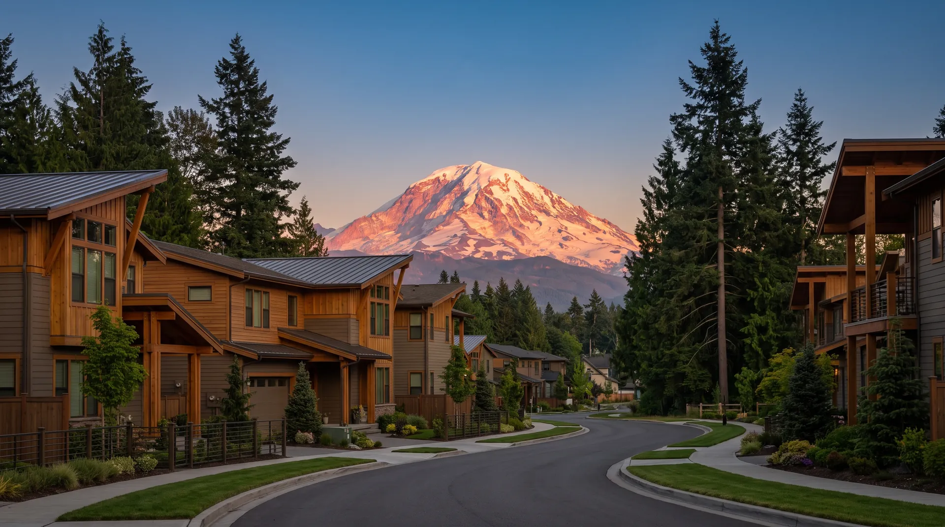 Newer valley homes with Mount Rainier rising behind them at evening