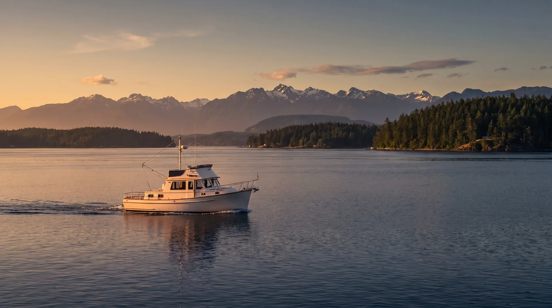 A small cabin cruiser on calm water with snow-capped mountains behind at golden hour