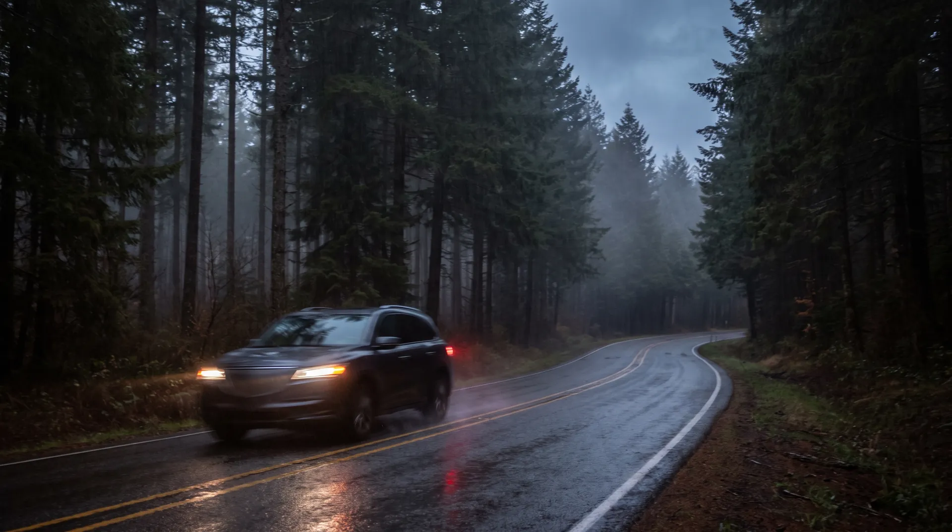 A dark SUV with headlights on, driving a wet evergreen-lined highway at dusk