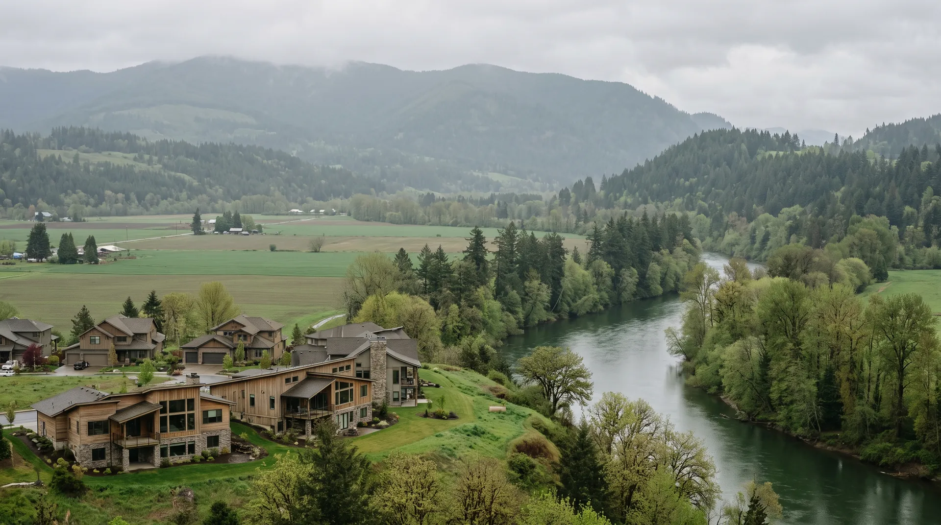 Homes at the edge of a green river valley with hills behind
