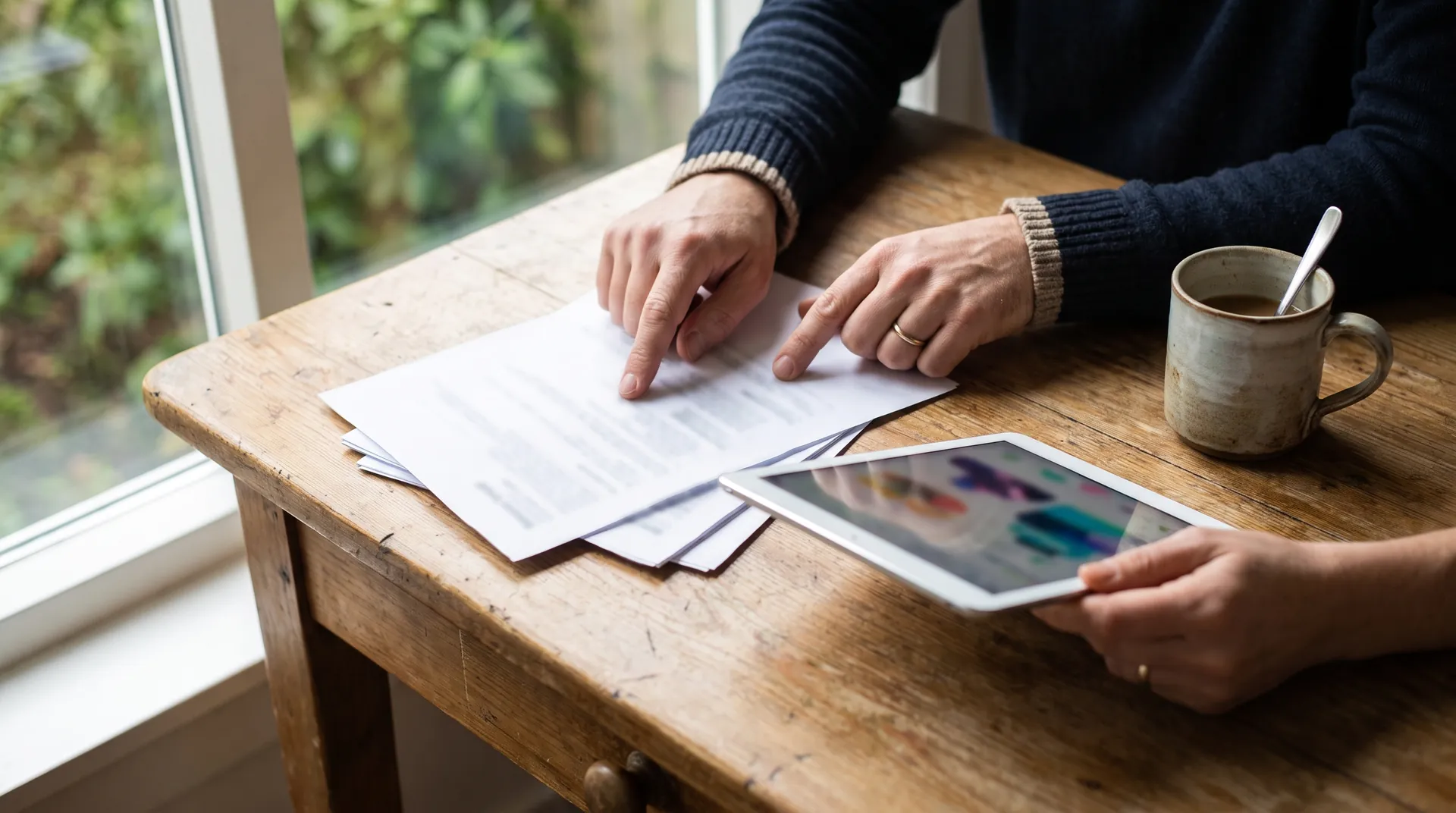 Two people reviewing an insurance document and a tablet at a kitchen table