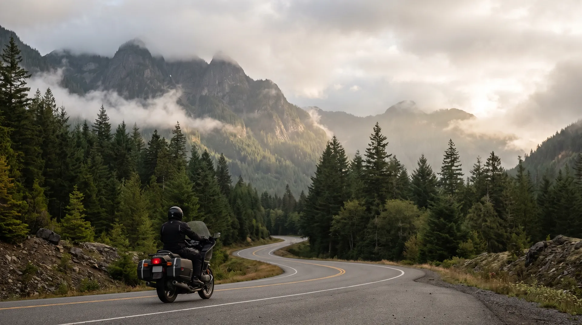 A touring motorcycle on a winding mountain road through evergreen forest