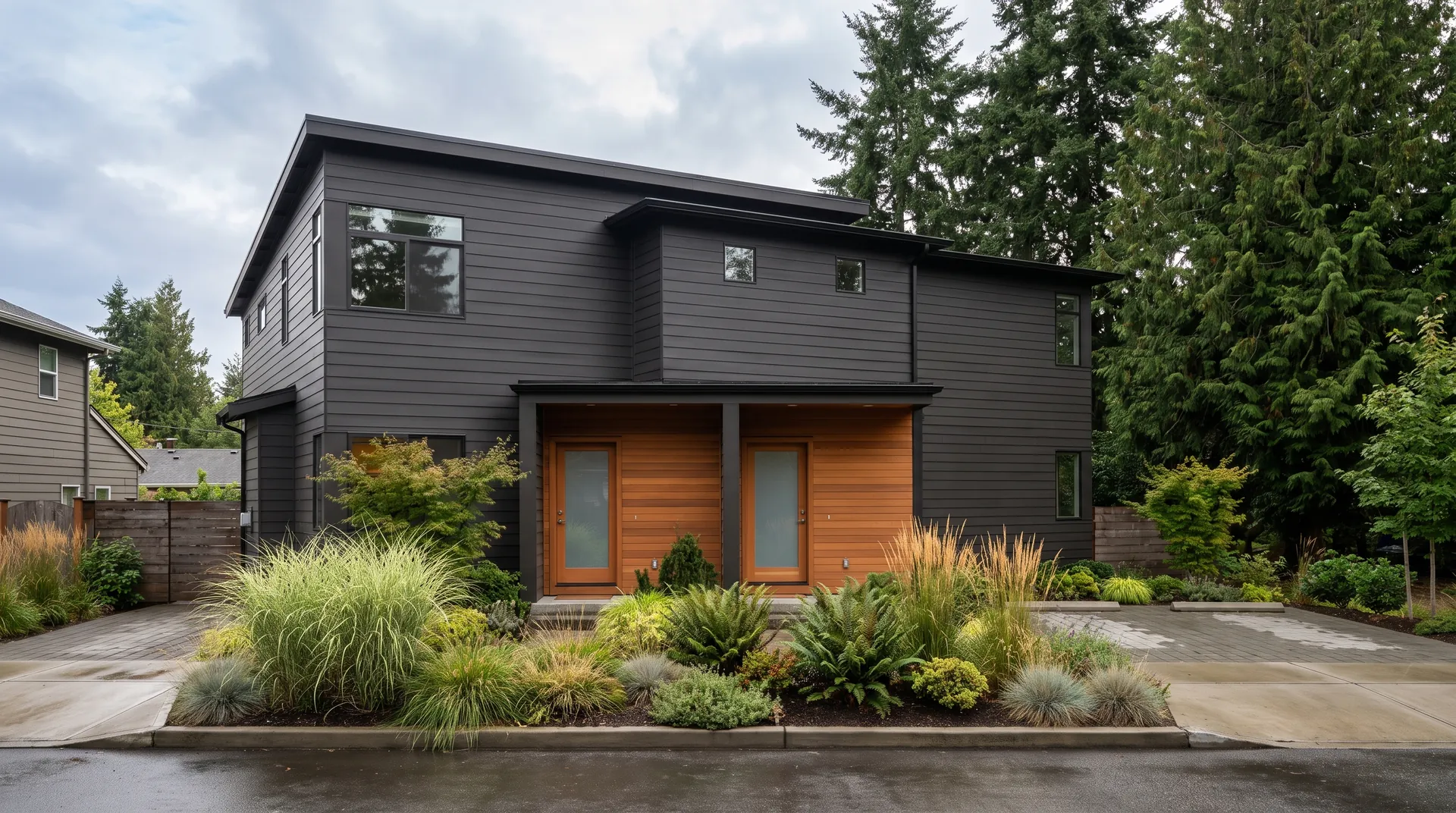 A well-kept modern duplex with landscaping on an overcast day
