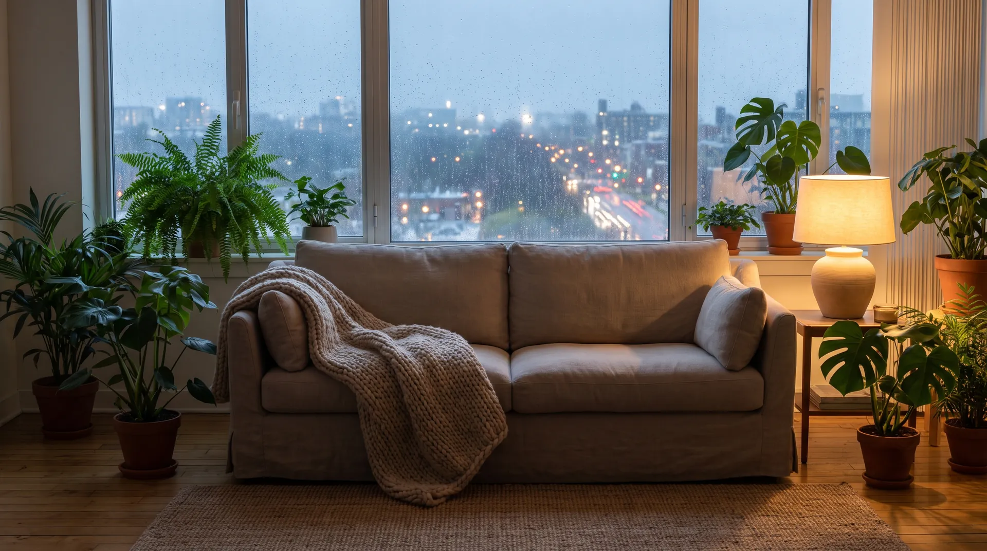 A design-forward apartment interior with plants and rain on a large window