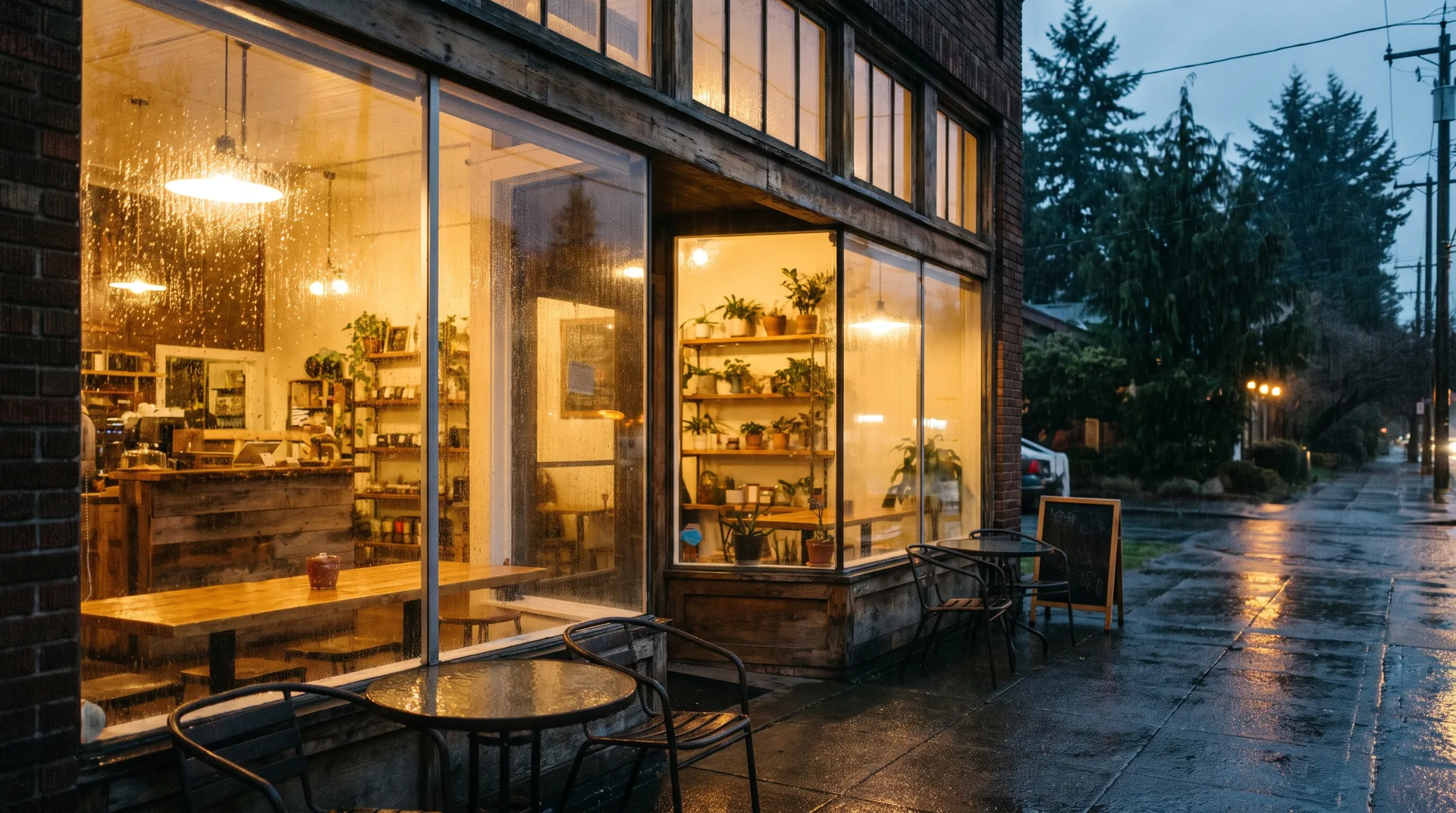 A warmly lit small-business storefront on a rainy evening